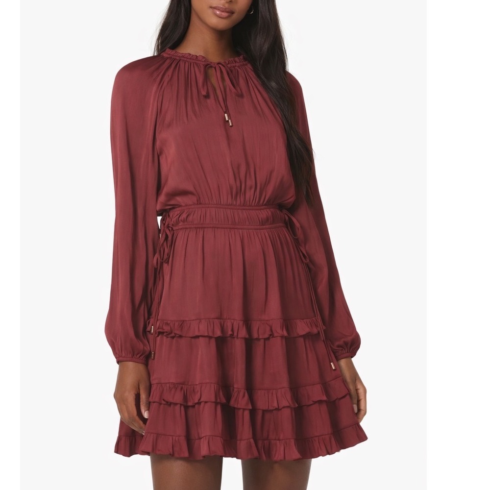 MINKPINK Elvina Mini Dress Wine Long Sleeve Ruffle Tie Neck‎ Festival